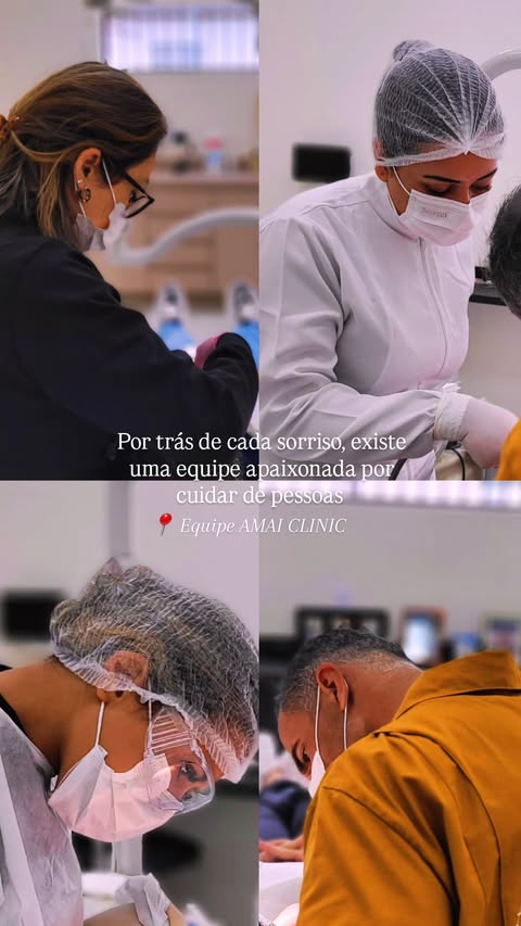 Montagem de fotos da equipe da AMAI Clinic em sua rotina de atendimento