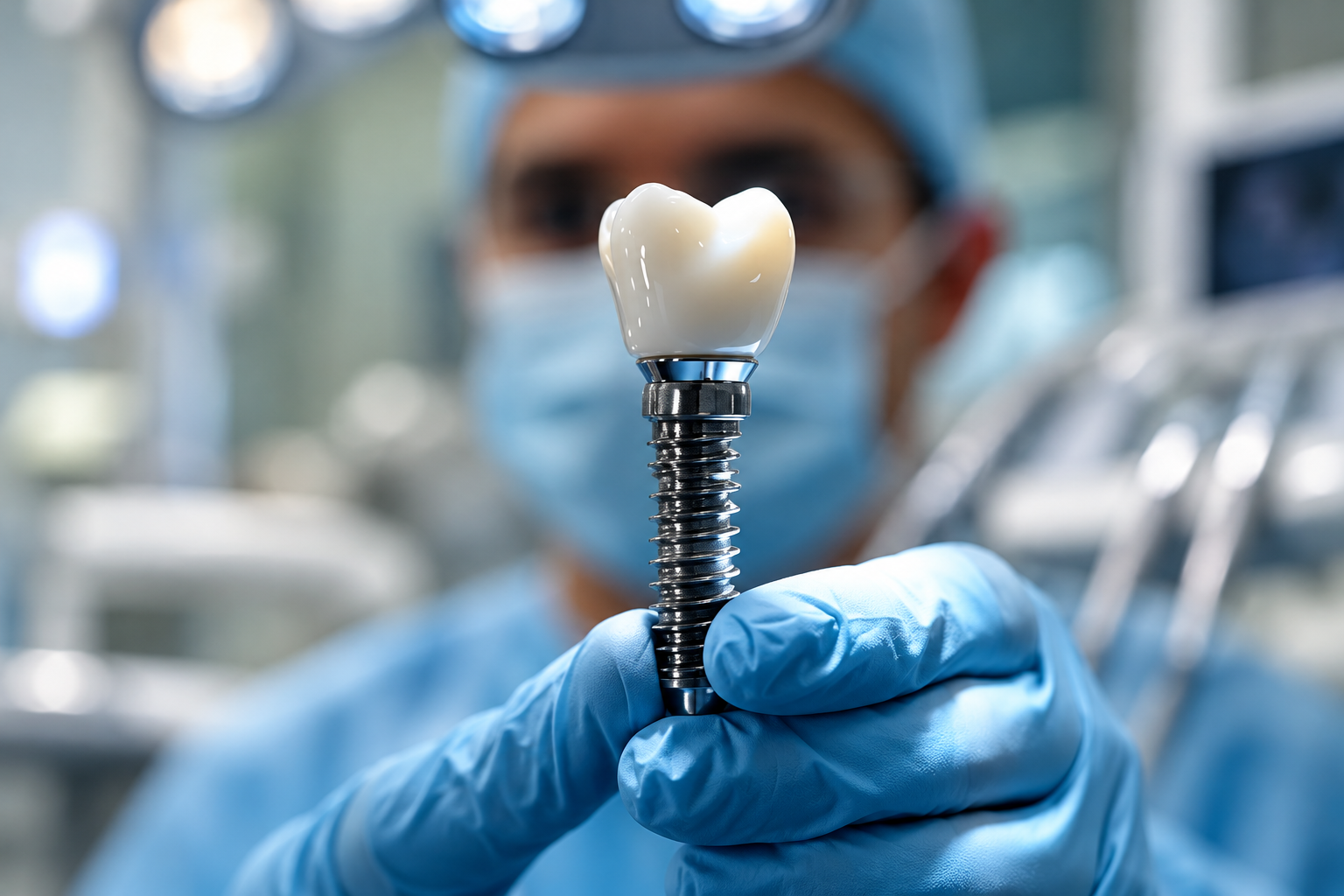 Imagem ilustrativa de uma mão enluvada segurando um modelo de implante dentário