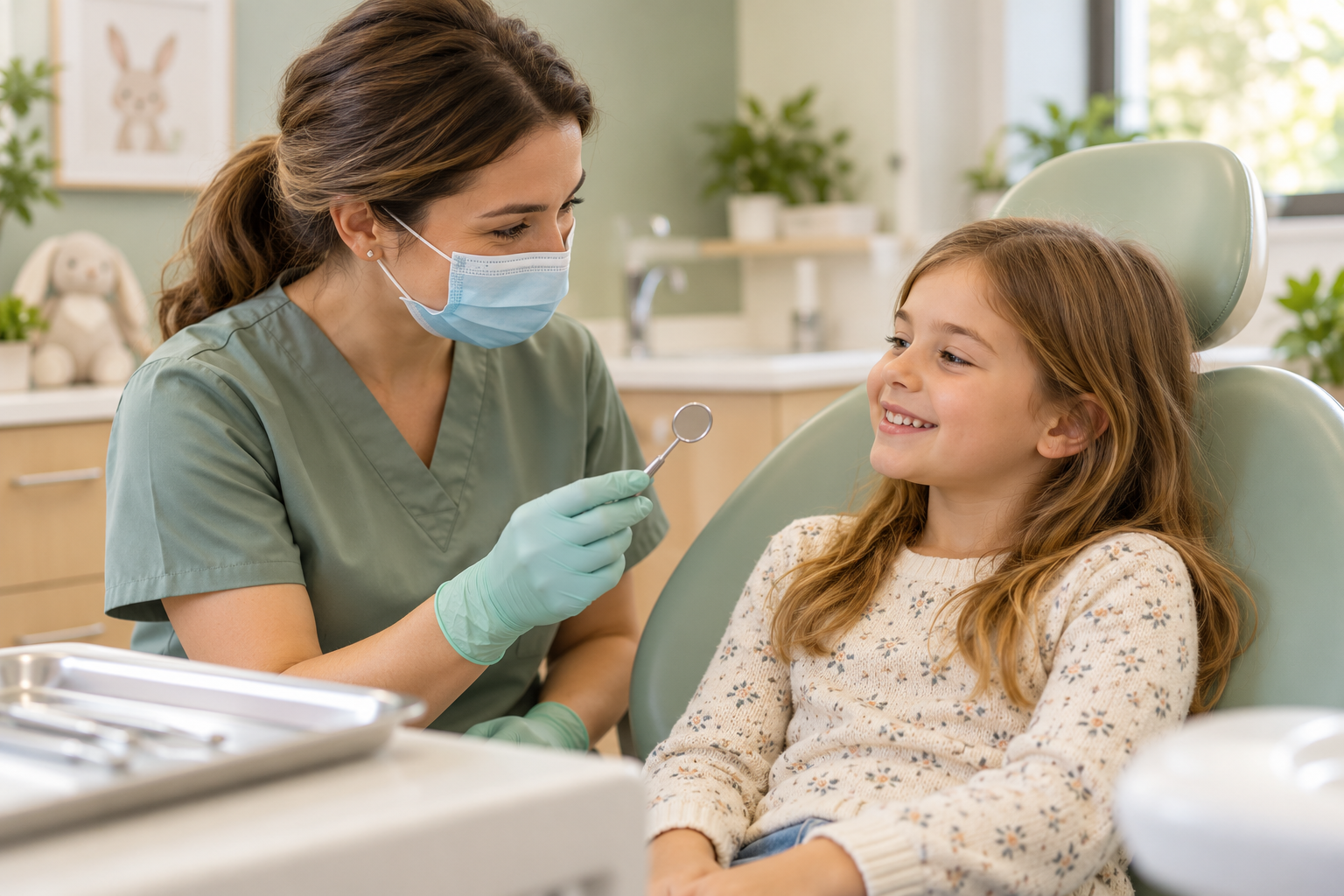 Cena ilustrativa de uma dentista apresentando um espelho odontológico a uma criança